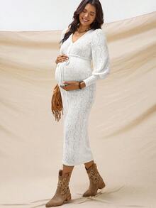 Boho Mama Váy bầu ren bó màu trơn thanh lịch - trắng - Xem 4
