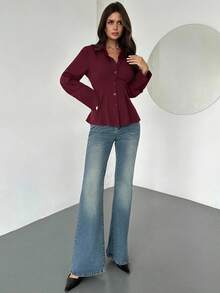 Firerie Women's Casual Elegant Waist-Cinched Brown Long-Sleeved Shirt, Suitable For Daily Commuting, Business Negotiations, Work Uniforms, Teacher Outfits/Fall Women Clothes/Fall Tops/Tops For School/Back To School Outfits Women/Teacher Shirts/Going Out Tops/Business Casual Woman,Red Top - Burgundy - View 3