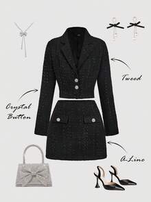 SHEIN MOD 女士翻领长袖单排扣夹克和中长裙优雅套装