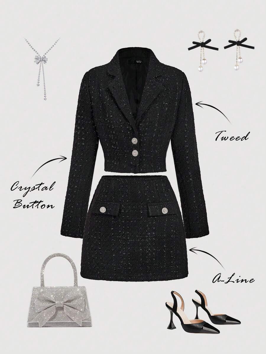 SHEIN MOD 女士翻领长袖单排扣夹克和中长裙优雅套装