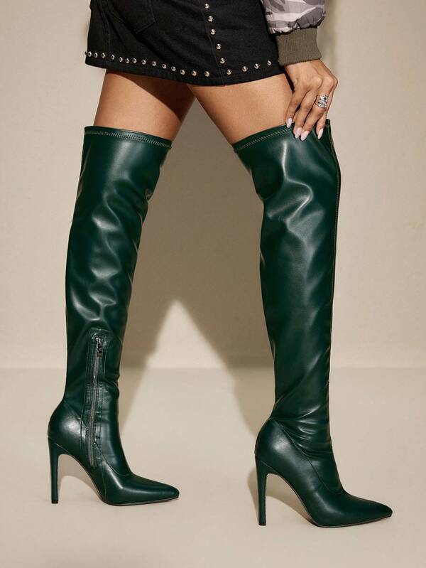 Daringsoles Botas altas con puntera en punta, tacón grueso y cremallera lateral, de ajuste ceñido y elástico, en color rojo, sexy y apropiadas para eventos formales de invierno