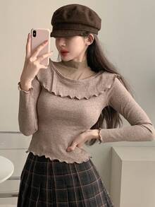 DAZY 女式立领网眼拼布荷叶边下摆修身长袖性感优雅T恤 - 卡其色 - 查看 3