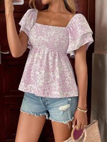 Pariaura 女士休闲花卉印花荷叶边下摆度假衬衫