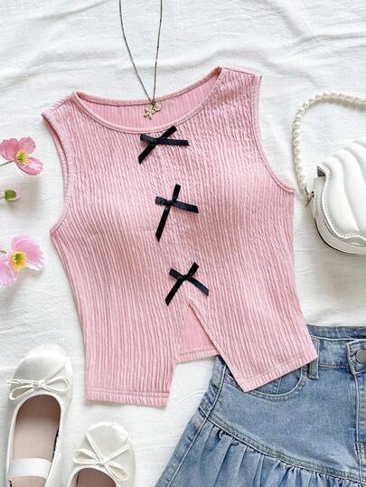 Soleia Camiseta de tirantes de mujer de verano informal con textura, lazo decorativo y bajo dividido en contraste de color