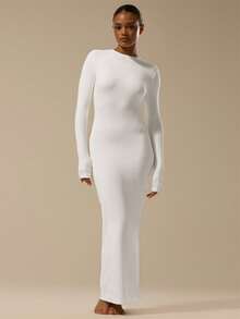 MUSERA ESSENTIALS 柔软触感长袖修身中长连衣裙，春夏基础款可爱休闲度假白色连衣裙，适合女士在伊比沙岛海滩度假、夜间外出、婚礼宾客、优雅生日派对、约会之夜、休闲装扮、夏季穿搭、新娘单身派对、告别单身派对等场合穿着。 - 白色 - 查看 4