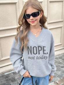 SHEIN 2pcs Tween Girls Casual Elegant V-Neck Oversized Loose Thermal Lined Long Sleeve Letter Print & Solid Color Pullover Sweatshirts, Black & Gray, Autumn/Winter - Multicolor - View 5