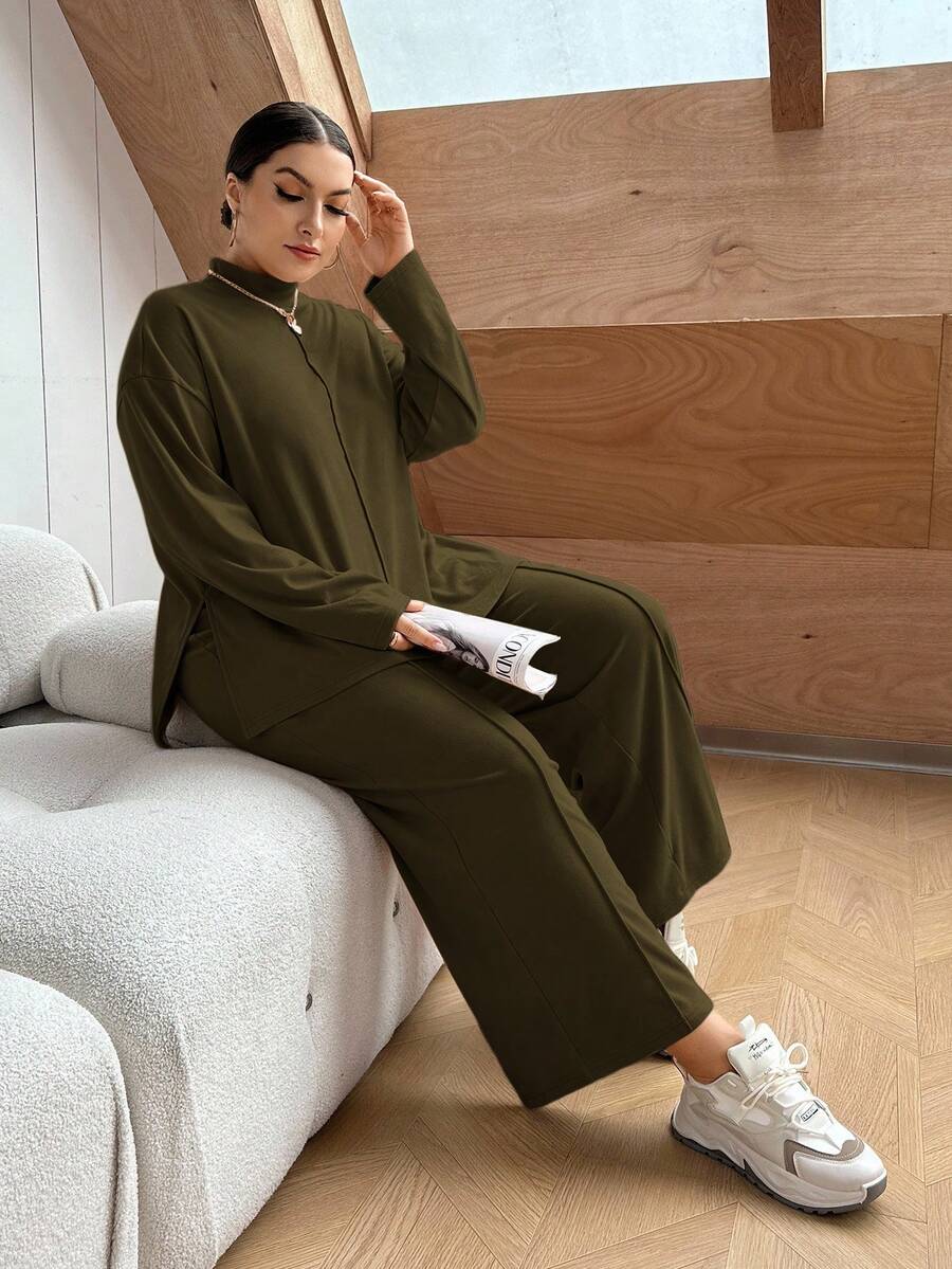 SHEIN Essnce 大码纯色立领长袖宽松时尚衬衫和裤子两件套 - 橄欖綠 - 查看 1