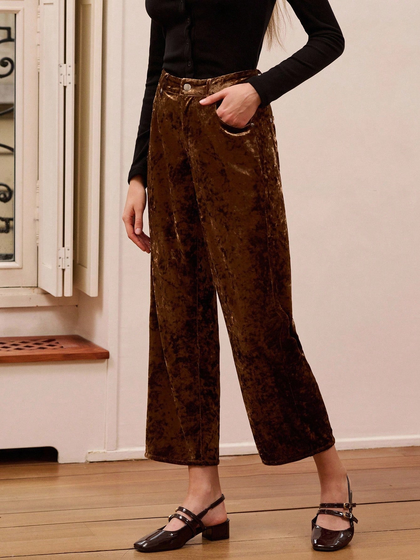 Herbst Vintage braune zerknitterte Samt Straight-Leg Hose Herbst Frauenkleidung Herbst Winter