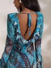 Opulessa Váy ngắn hở vai in họa tiết lưới đi nghỉ mát dành cho nữ - Xanh đậm - Xem 2