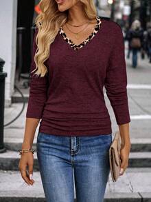 EMERY ROSE 女式豹纹拼布V领长袖休闲褶皱T恤 - 彩色 - 查看 5