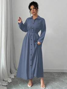 Elenzga Women's Spring/Autumn Solid Color Long Sleeve Single-Breasted Long Casual Shirt Dress Maxi Women Outfit