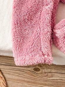 SHEIN 婴儿毛绒小熊连帽连体衣，秋冬季婴儿连体衣 - 粉色 - 查看 8