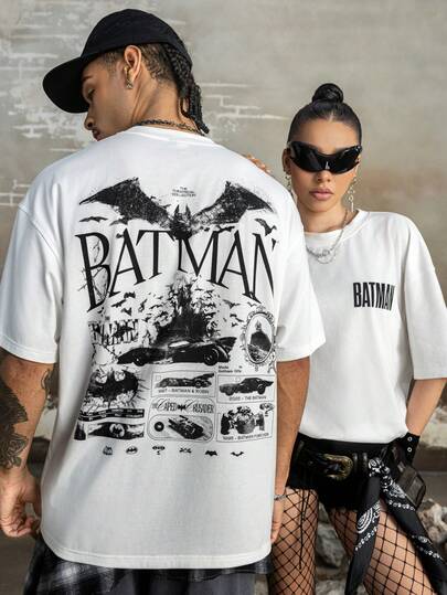 BATMAN X SHEIN Men's Casual Letter & Bat Print Short Sleeve T-Shirt, Summer Streetwear Men T Shirts Graphic Tees Streetwear