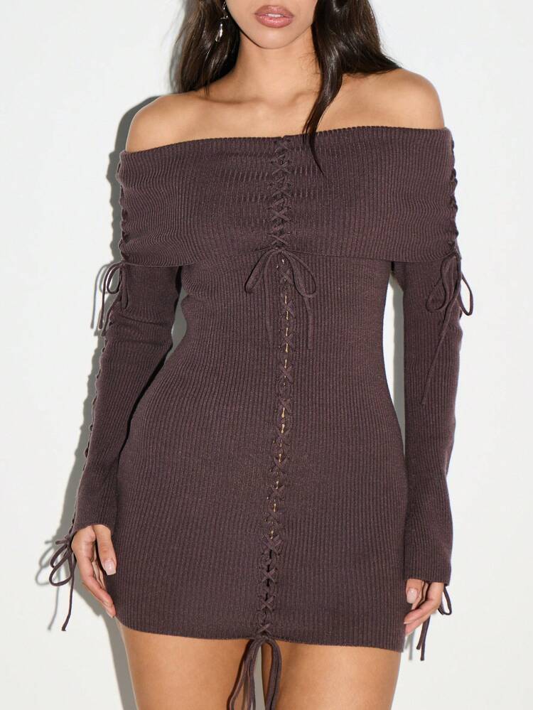 KIZN Ribbed Knit Mini Dress With Lace Up Detail