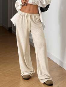 SHEIN EZwear Plus Size Women Drawstring Waist Casual Loose Pants, Apricot Color, Autumn - Apricot - View 1