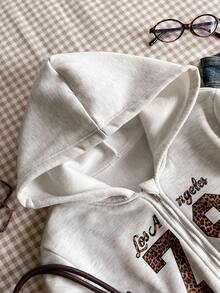 Tween Girls Casual Versatile Commuting School Sweatshirt, Zip-Up Short Numeric & Letter, Leopard Print Pattern - Light Grey - View 4