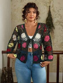 Travachic Áo khoác cardigan thêu hoa khoét lỗ cỡ lớn, trang phục thường ngày khi đi nghỉ - Màu xanh Ô liu - Xem 3