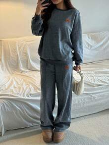 SHEIN Teen Girls Grey Knit Basic Sweatshirt And Pants Set, Winter - Dark Grey - View 4