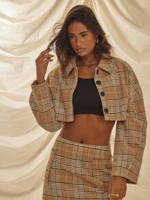 Aralina Winter / Fall Super Cropped Boxy Fit Wool Plaid Jacket Checkered Button Up Balloon Sleeve Stockholm Style And Country Style Jacket - Multicolor - View 5