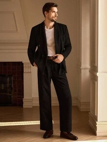 Mainfolk Men's Solid Color Double-Breasted Suit Jacket With Pants Set - Black - View 5