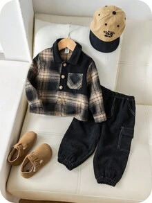 SHEIN 两件套男/女婴撞色格子衬衫外套搭配黑色灯芯绒运动裤套装，舒适百搭的休闲基础款秋冬服装，适合室内、室外、日常穿着、运动、玩耍、聚会、拍照等场合。适合18-24个月男婴。男婴格子套装，男婴外套套装，男婴晚秋服装。 - 黑色 - 查看 5