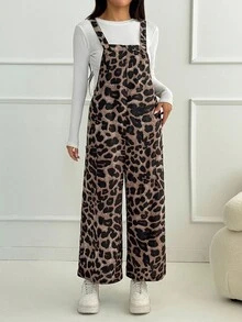 SHEIN PETITE Mono holgado con bolsillo y estampado de leopardo para mujer, otoño/invierno