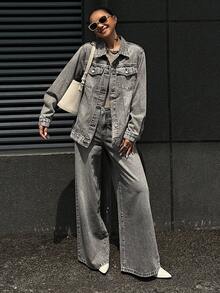 DAZY 女士宽松牛仔夹克，有领，直筒牛仔裤，休闲街头服饰套装