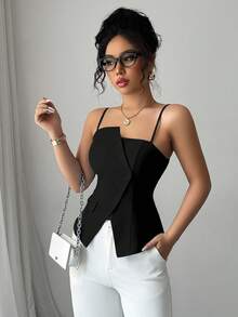 Elenzga 2025 New Blue Asymmetric Design Fashionable Versatile Commuting Casual Cinched Waist Camisole - Black - View 5