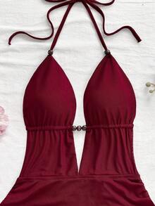 Soleia Váy ngắn hở lưng buộc dây cổ chữ V sâu gợi cảm dành cho nữ, dáng ôm sát, thích hợp cho tiệc tùng, hẹn hò, trà chiều, kỳ nghỉ hè trên bãi biển gợi cảm và thời trang - Màu Đỏ Sâu - Xem 3