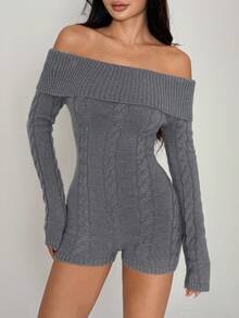 FavEase 时尚性感露肩合身针织连体衣 - 灰色 - 查看 6