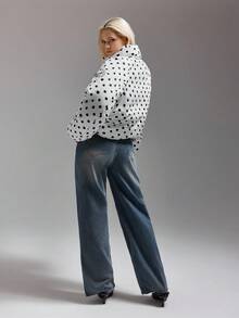 SHEIN ICON 女式波尔卡圆点印花超大高领长袖休闲棉服外套，秋冬 - 黑與白 - 查看 2