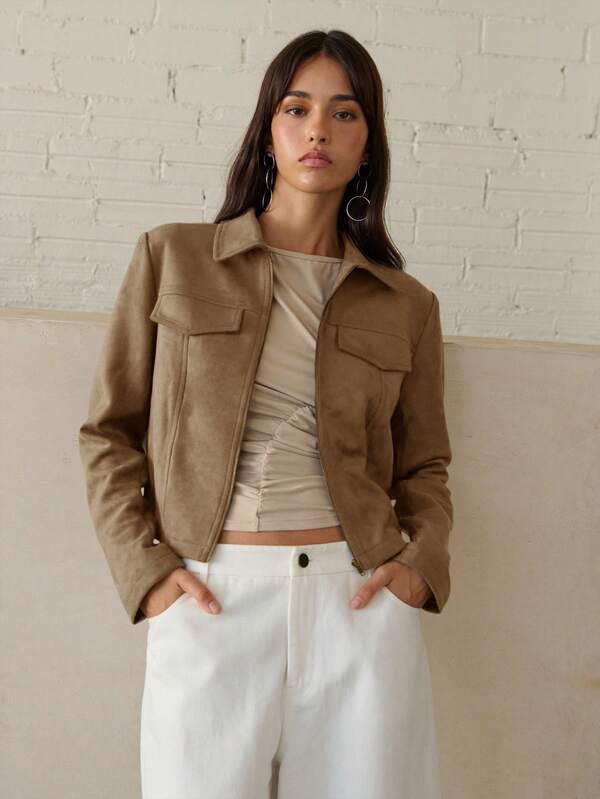 Nöista Women's Solid Color Long Sleeve Zip-Up Casual Jacket With Faux Pockets, Suitable For Daily Commute, Autumn