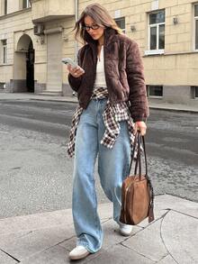 SHEIN BAE 女式休闲纯色立领夹克，秋冬 - 咖啡棕 - 查看 6