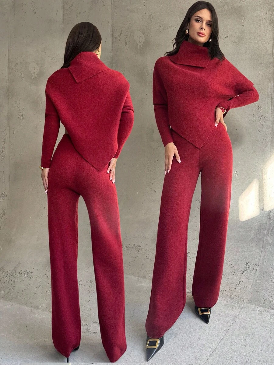 Firerie Conjunto de suéter feminino de malha com manga comprida e bainha assimétrica, cor sólida, conjunto casual de malha para deslocamento diário, conjunto de suéter assimétrico, conjunto feminino para deslocamento diário, conjunto vinho tinto, conjunto de blusa solta, roupas de primavera/outono/inverno, elegante, para deslocamento diário, casual, diário, minimalista