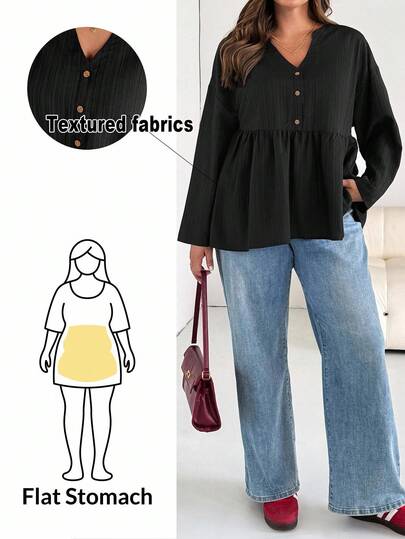 SHEIN Essnce Plus Size Women's Spring And Autumn Fashion Casual Loose Comfortable Daily Textured Fabric Black V-Neck Long-Sleeved Blouse,Women Blouse,Fall,Airport,Work Tops