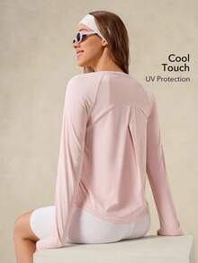 OutZeal 女士户外粉色T恤运动上衣，长袖，防紫外线，凉爽触感，交叉褶裥设计，带拇指孔