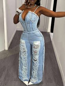 SHEIN SXY Damen Jumpsuit in Große Größen, Modischer Lässig-Stil mit Perlen besetzt und Destroyed-Effekt - Helle Waschung - Übersicht 5
