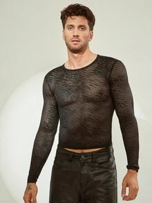 FeverCity Áo thun nam cổ tròn lưới mỏng ôm vừa vặn co giãn tay dài, mùa thu - màu đen - Xem 4