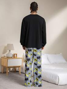 BATMAN X SHEIN Men's Bat Print Long Sleeve Top And Pants Loose Fit Pajama Set, Spring/Autumn, Winter Clothes Men Pjs Set Sleep Wear Men Men Pajama Cartoon Pajamas - Black - View 2