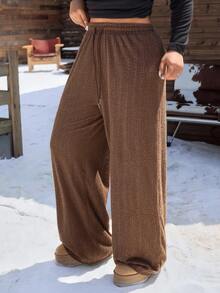 SHEIN EZwear Plus Size Women Drawstring Waist Wide Leg Loose Casual Brown Fuzzy Pants Knit Pants Elastic Waist Pants Brown Pants For Women Casual Pants - Brown - View 4