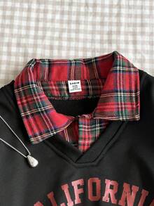 Sweetra Young Tween Girls' Casual Korean Style Sweatshirt, Woven Plaid Front Panel With Solid Knit Back, English Print, Long Sleeve Pullover Suitable For School, Outings, And Gatherings In Spring, Autumn, And Winter - Burgundy - View 8