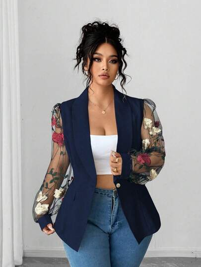 Elenzga Embroidered Random Cut Plus Size Woven Fabric Pure Apricot Color Bestseller Sheer Embroidered Mesh Fabric Patchwork Cinched Waist Open Front Metal Button Decor Minimalist Elegant Everyday Commute Versatile Women Blazer Jacket