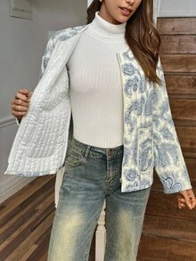 LanaWest 女式杏色底蓝色花卉印花缝线三合一圆领前开金属拉链设计口袋蝙蝠袖休闲乡村度假风格宽松冬季夹克 - 藍色 - 查看 8