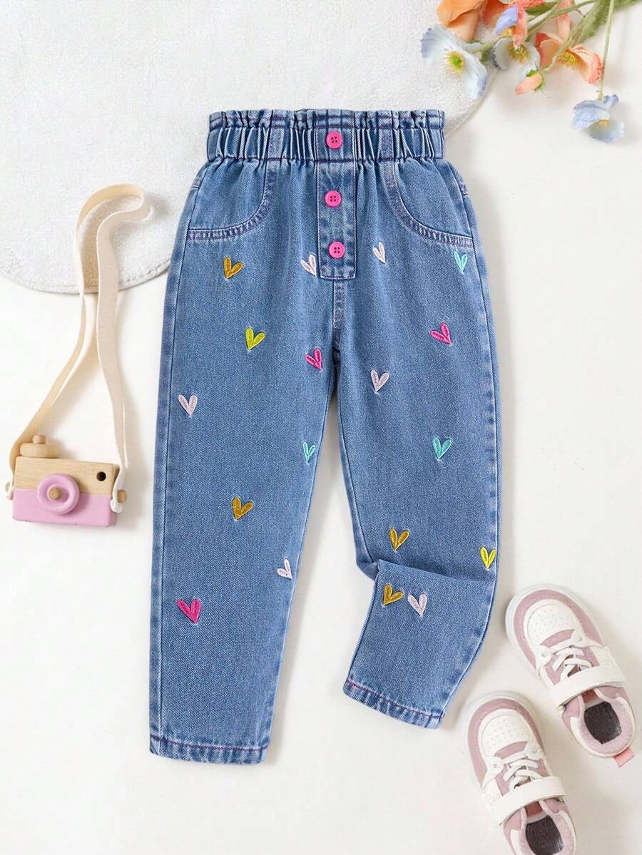 Sparklyn Girls Casual Soft Comfortable Vacation Fashion Street Washed Cute Floral Embroidery Elastic Waist Thin Pants, Summer - Medium Wash - View 1