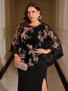 Gownix 加大码圆领网眼串珠刺绣罩衫和开衩下摆长裙优雅两件套 - 彩色 - 查看 4