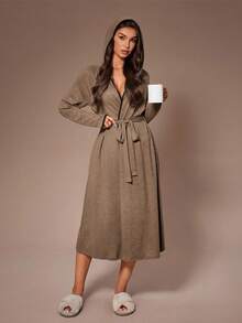 Lazeform Mjuk stickad kontrastfärgad avslappnad morgonrock med huva, mysig, höst och vinter