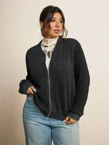 SHEIN LUNE 大码女式纹理拼布拉链夹克，棉质新年感恩节秋冬女装 - 黑色 - 查看 6