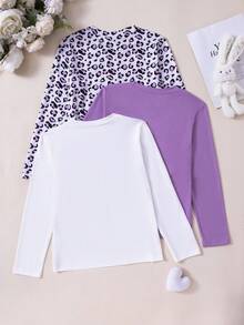 Sparklyn 3pcs Tween Girls Casual Versatile Cat & Leopard Print Pattern Round Neck Long Sleeve T-Shirts - Multicolor - View 2