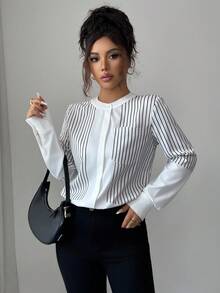 SHEIN Elenzya Damen elegante schwarz-weiß gestreifte Bluse mit Stehkragen und Langarm, locker geschnitten für den täglichen Weg zur Arbeit, Herbst/Winter - Schwarz und Weiss - Übersicht 5