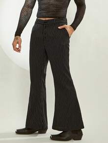 FeverCity Men Striped Flared Casual Pants With Pockets, Fall - Black - View 1
